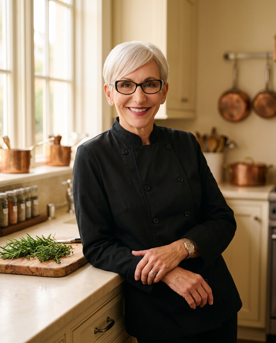 Chef Dawn Flaherty in a black chef jacket in a sunlit kitchen