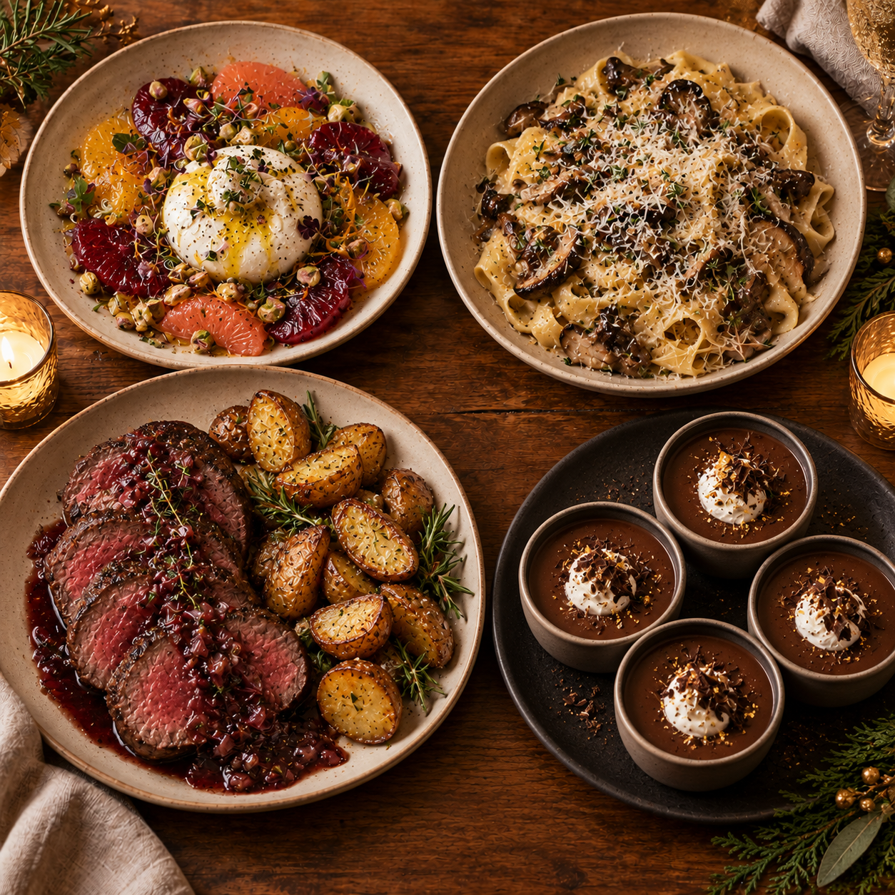 December Sparkle Supper dishes: winter citrus burrata, wild mushroom pasta, beef tenderloin with potatoes, and dark chocolate pots de crème
