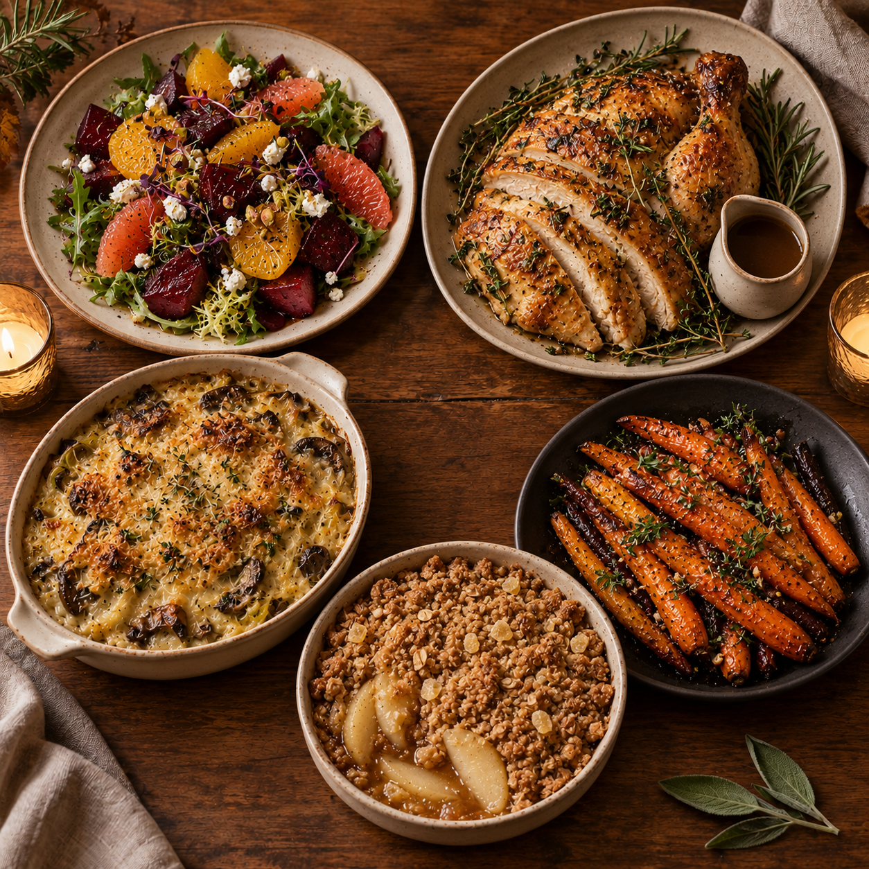 November dishes: roasted beet and citrus salad, herb-roasted chicken, wild mushroom gratin, maple-roasted carrots, and pear ginger crumble