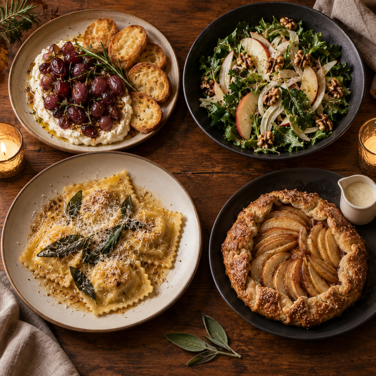 Four Harvest Table dishes: whipped ricotta with roasted grapes, autumn greens, butternut squash ravioli, and warm apple crostata