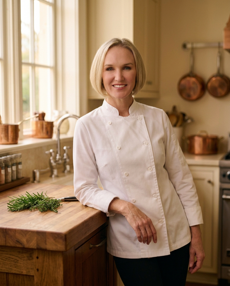 Chef Donna McKay in a white chef jacket leaning on a wooden kitchen island